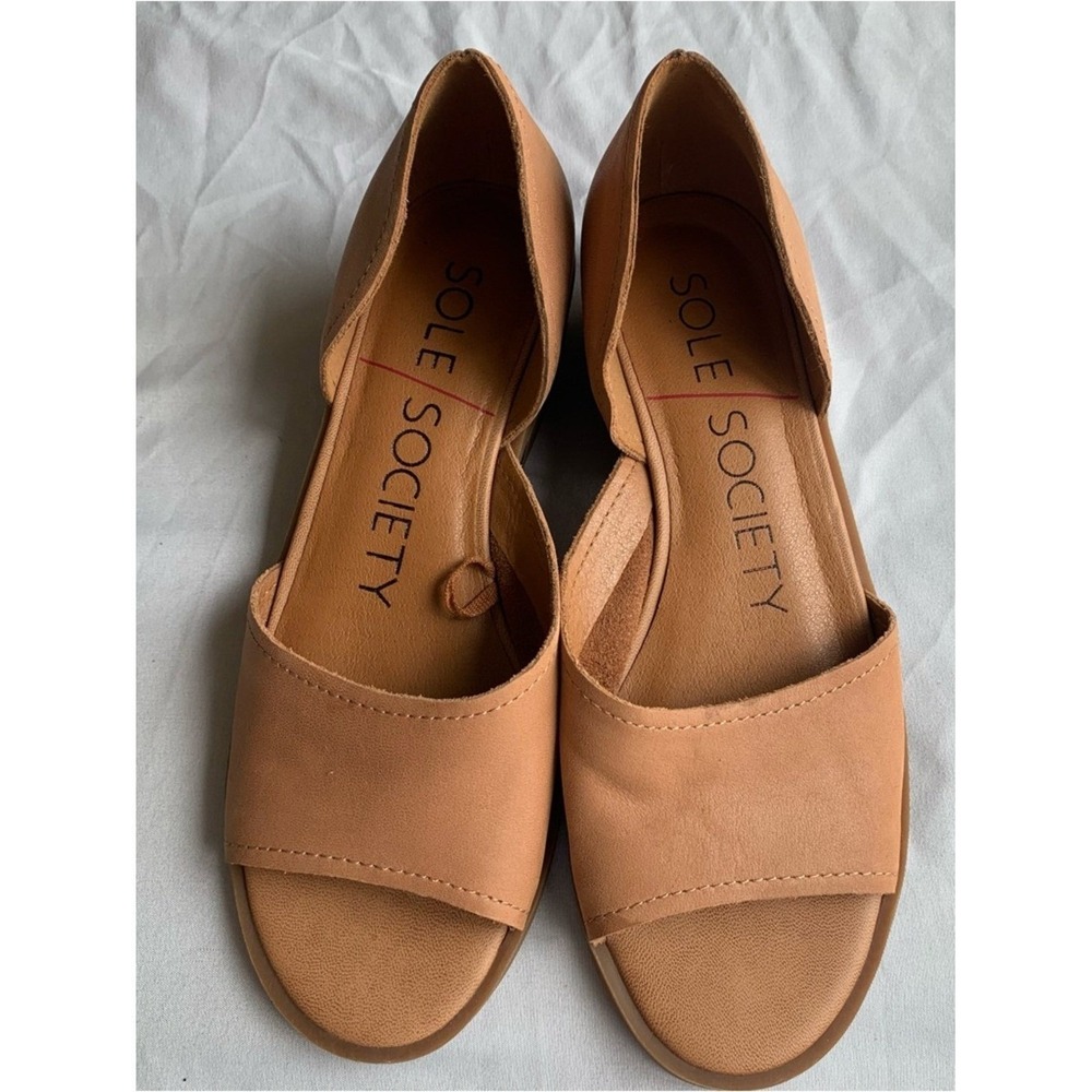 Sole Society Women's 7.5 Tan D'Orsay Open-Toe Flats Leather Comfy